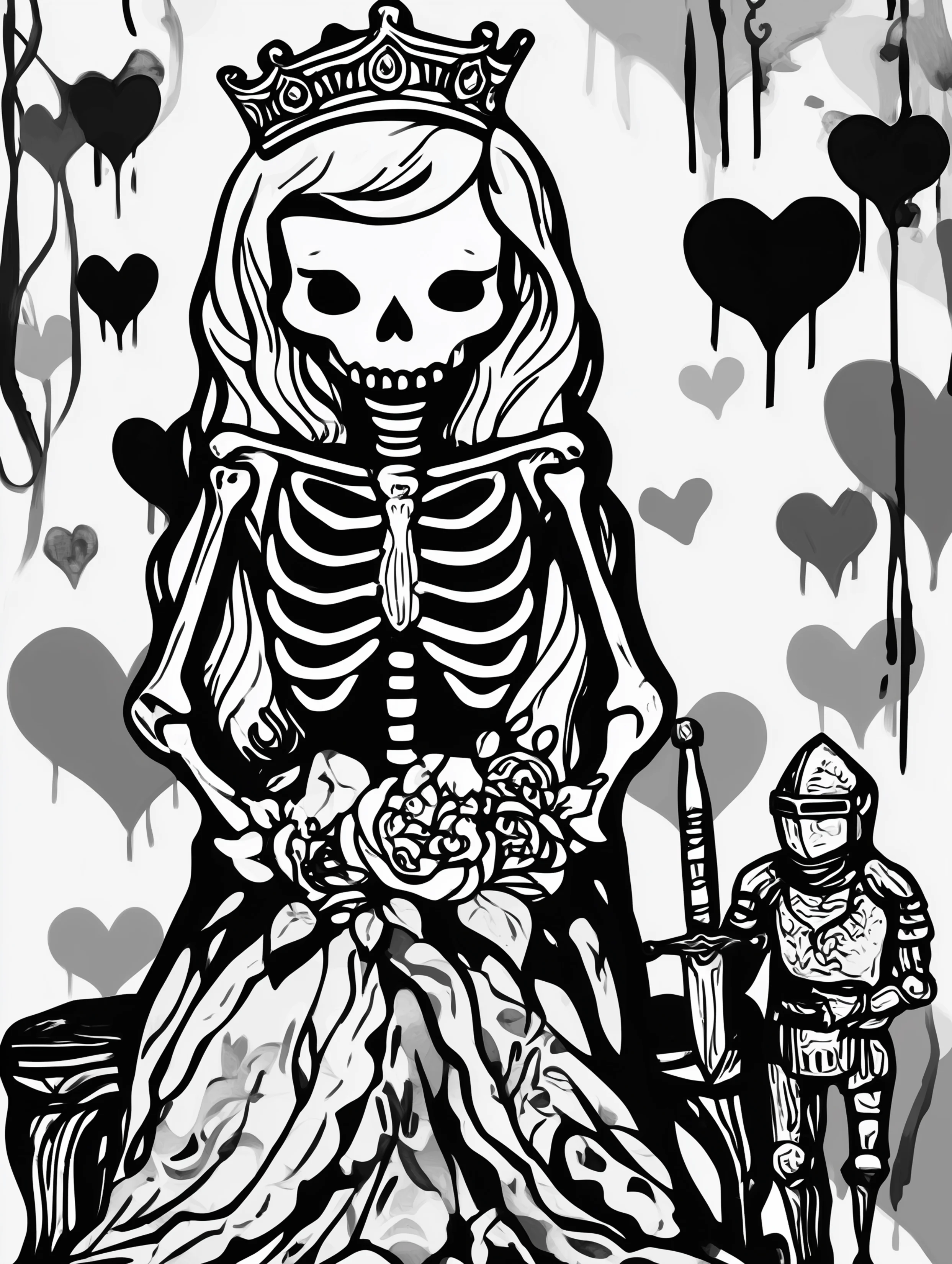 Free printable queen coloring page for adults featuring a skeleton queen with a small knight